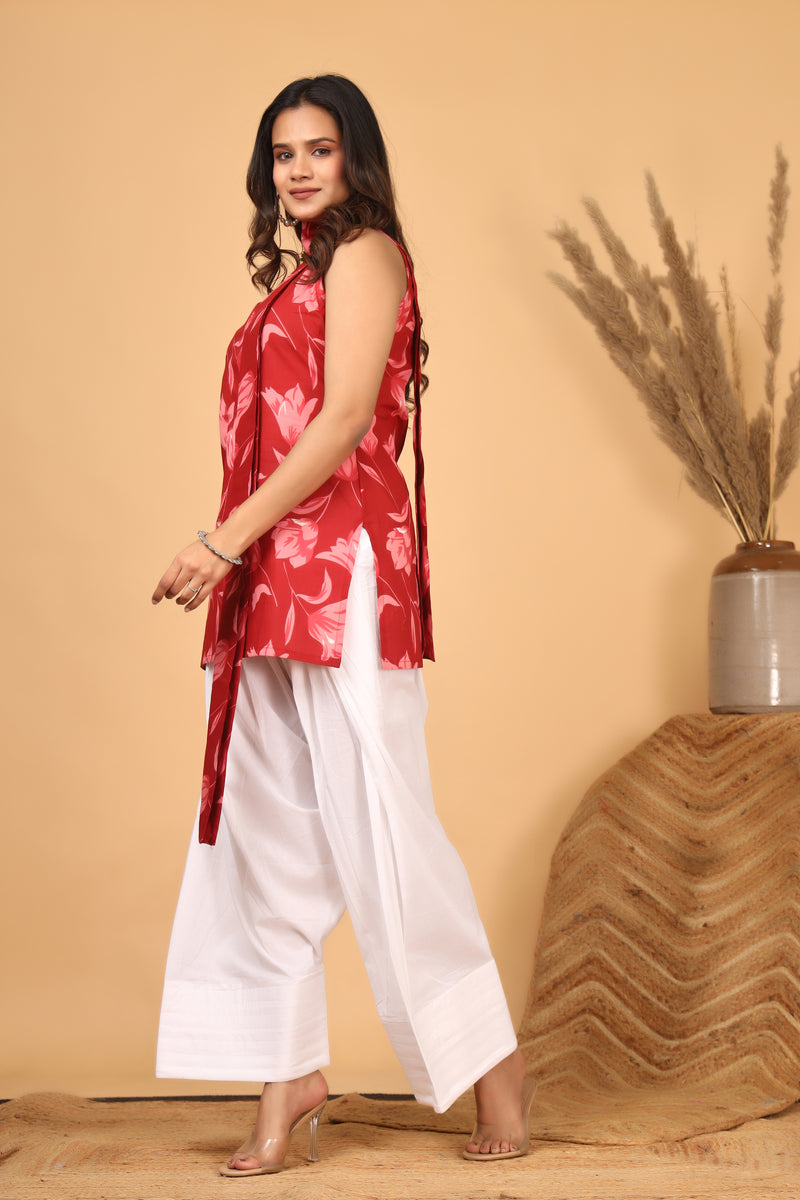 Rakta Pushpa Red Floral Scarf Style Kurta Set for Women