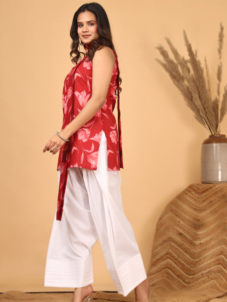 Rakta Pushpa Red Floral Scarf Style Kurta Set for Women