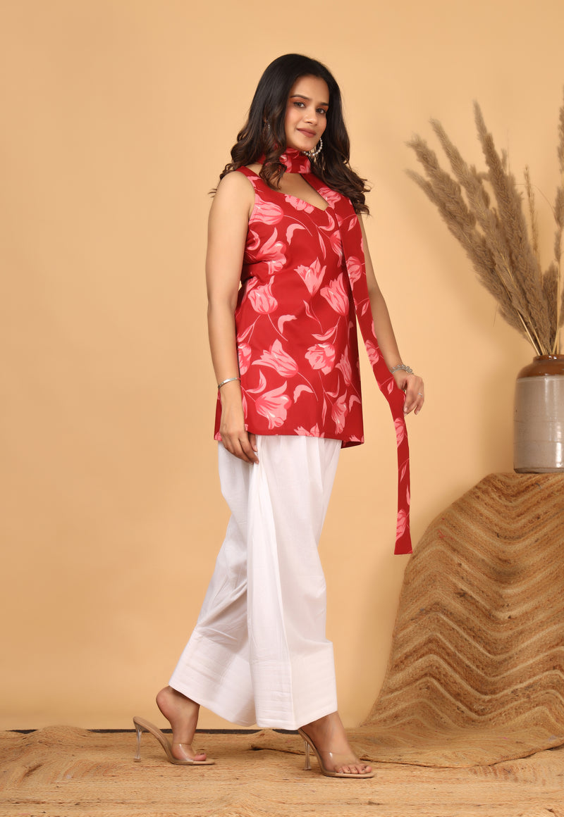 Rakta Pushpa Red Floral Scarf Style Kurta Set for Women
