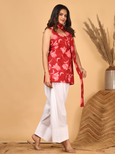 Rakta Pushpa Red Floral Scarf Style Kurta Set for Women