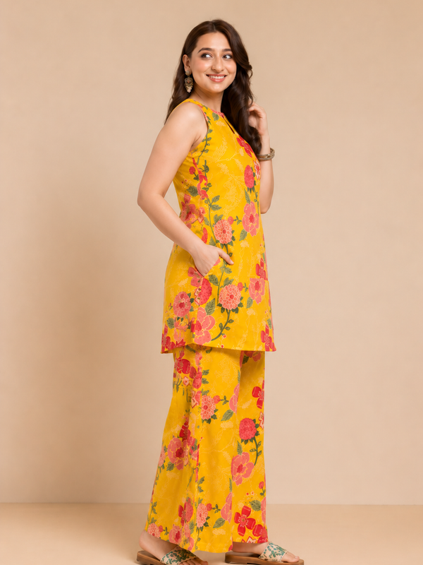 Mustard Floral Sleeveless Co-Ord Set