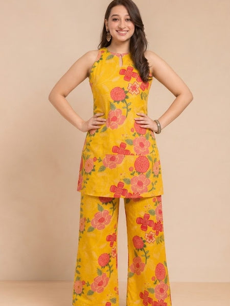 Mustard Floral Sleeveless Co-Ord Set
