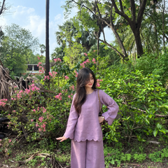 Purple Scallop Hem Flared Sleeve Co-ord Set