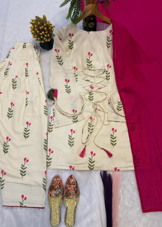 White & Pink Floral Patiala Kurta Set