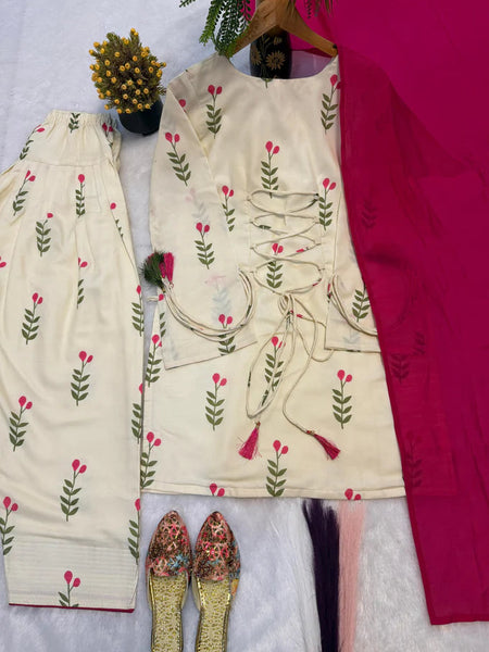 White & Pink Floral Patiala Kurta Set