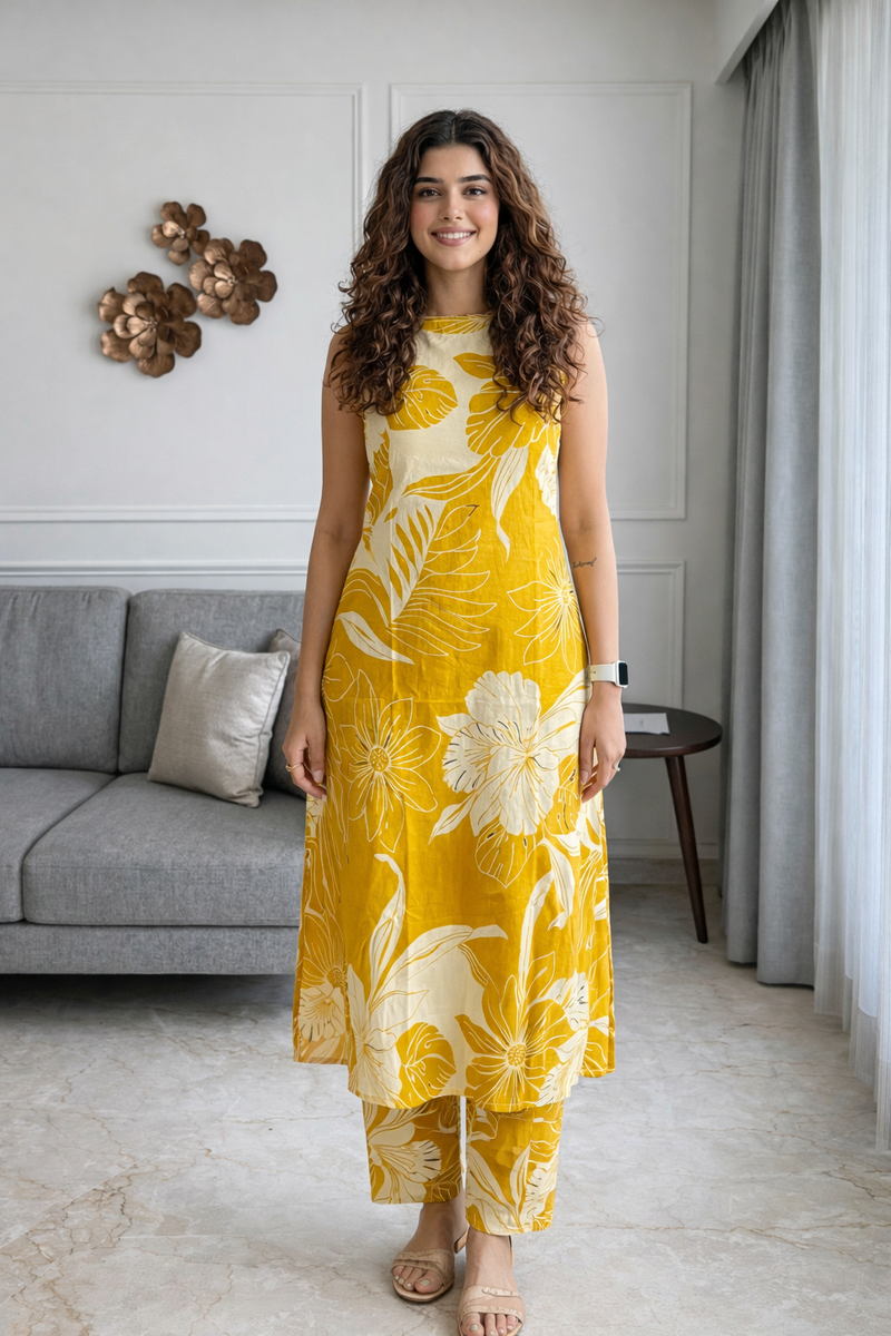 Yellow Floral Print Sleeveless Kurta Set Front