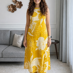 Yellow Floral Print Sleeveless Kurta Set Front