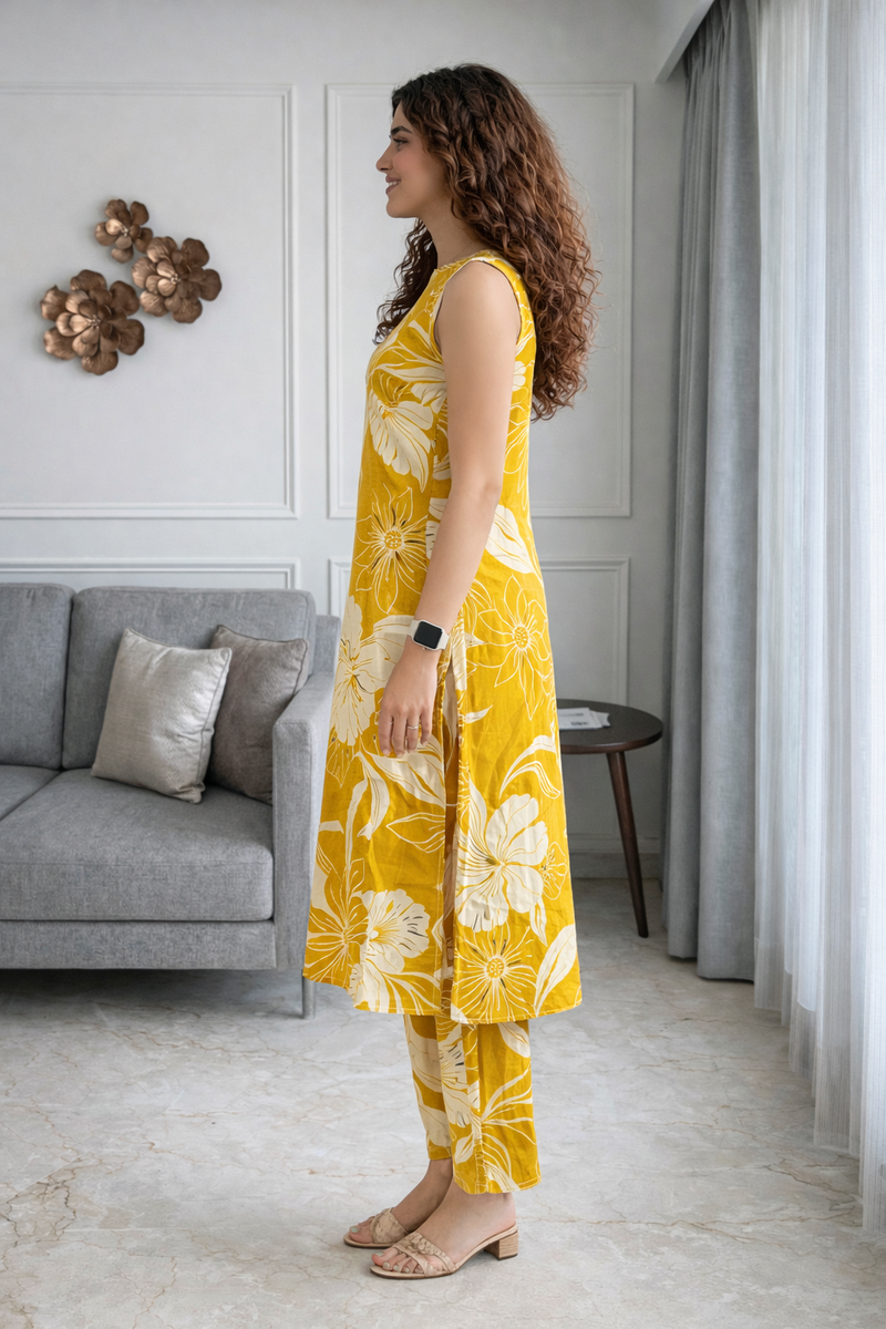 Yellow Floral Print Sleeveless Kurta Set Side