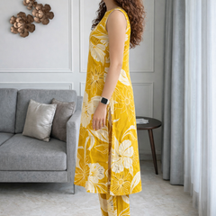 Yellow Floral Print Sleeveless Kurta Set Side