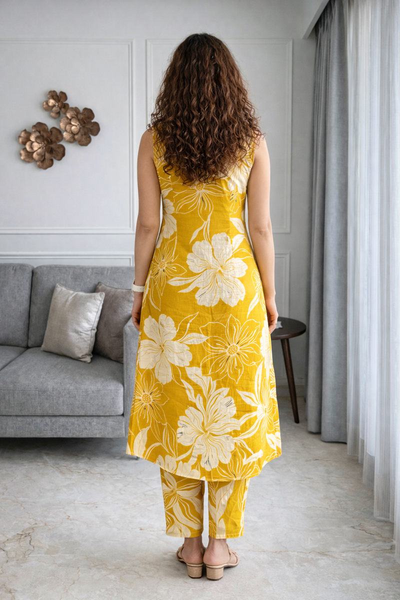 Yellow Floral Print Sleeveless Kurta Set Back