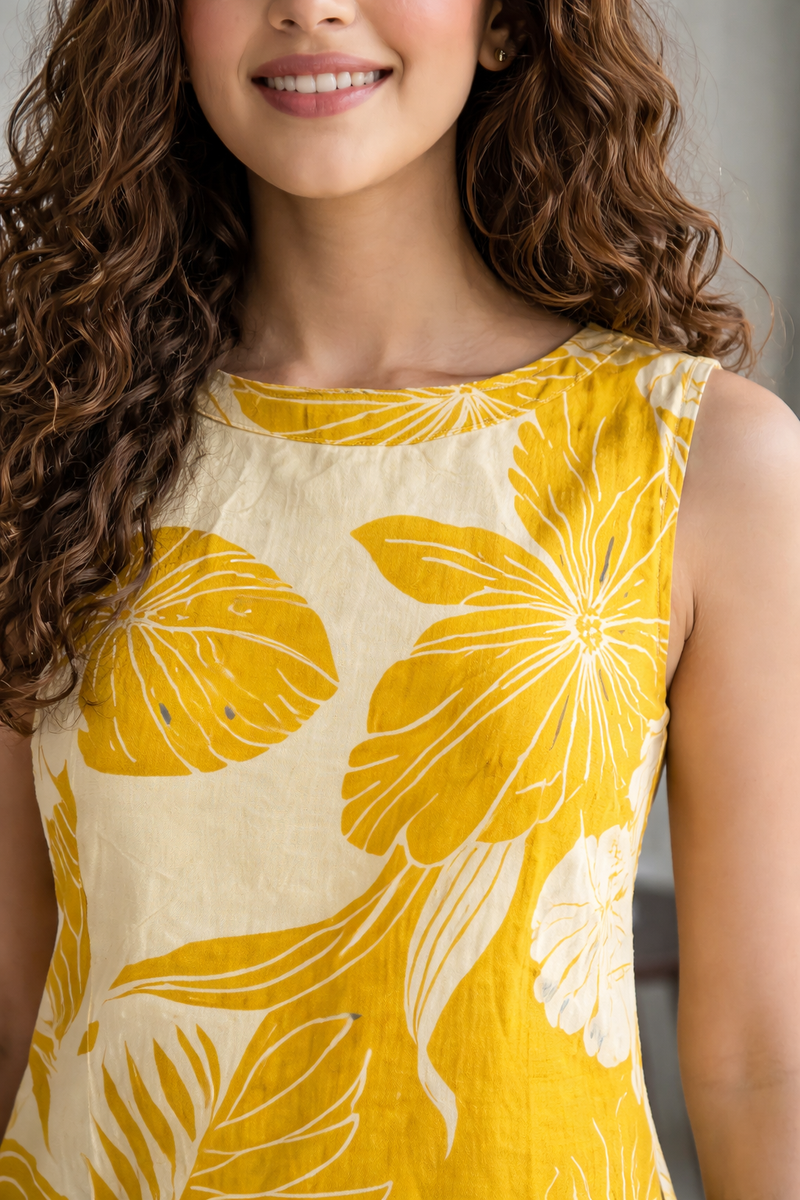 Yellow Floral Print Sleeveless Kurta Set