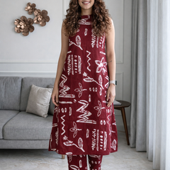 Maroon Abstract Print Sleeveless Kurta Set Front