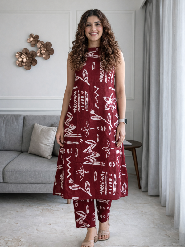 Maroon Abstract Print Sleeveless Kurta Set Front