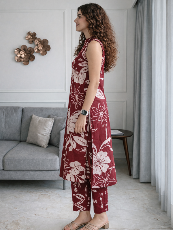 Maroon Abstract Print Sleeveless Kurta Set Side