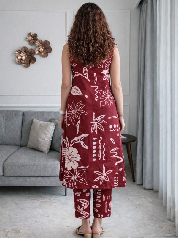 Maroon Abstract Print Sleeveless Kurta Set back