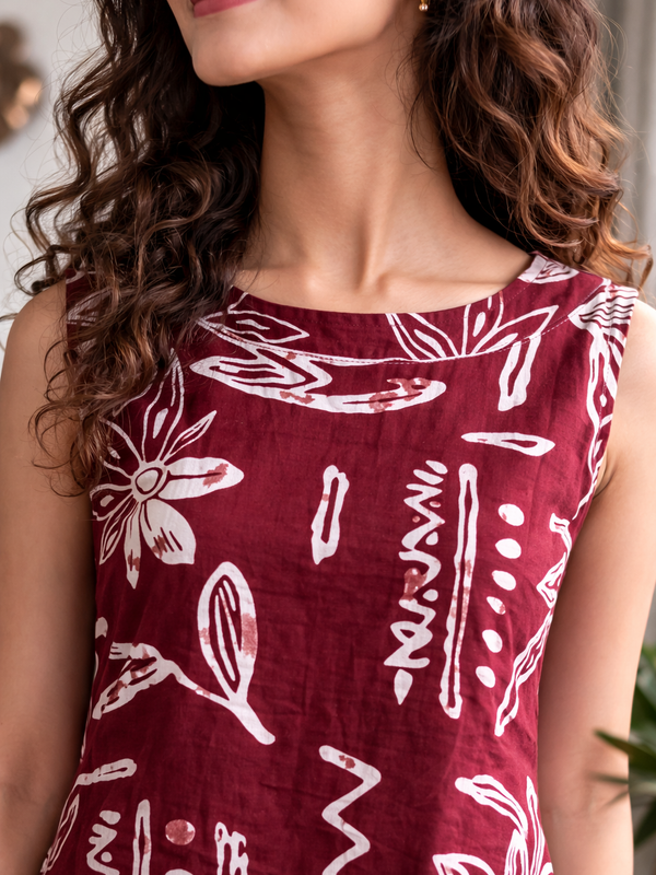 Maroon Abstract Print Sleeveless Kurta Set 