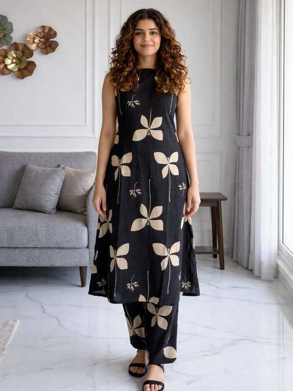 Black Floral Print Sleeveless Kurta Set Front