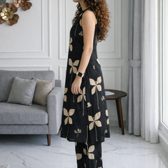 Black Floral Print Sleeveless Kurta Set