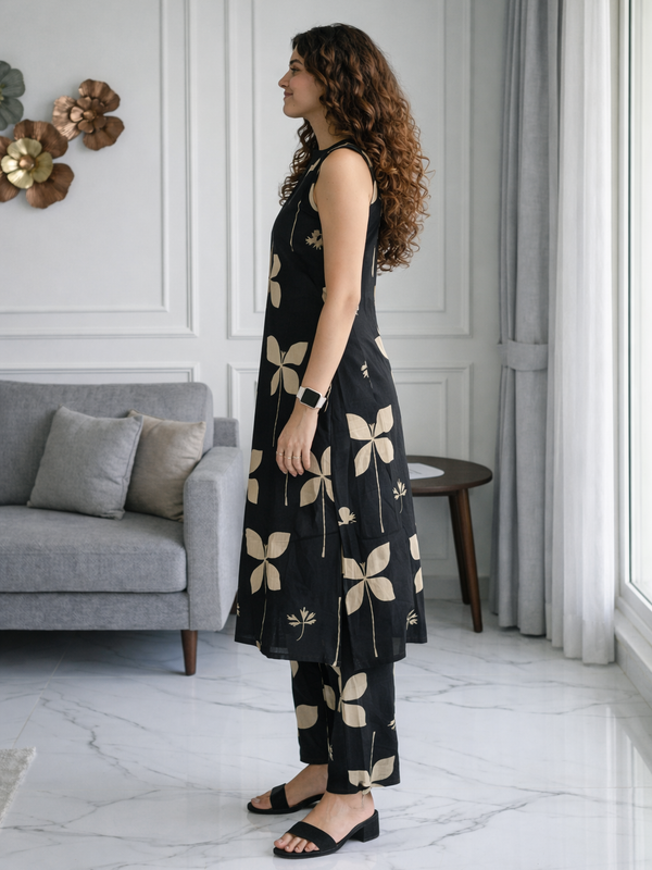 Black Floral Print Sleeveless Kurta Set