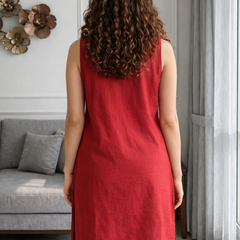 Red Solid Sleeveless Straight Kurta Set 