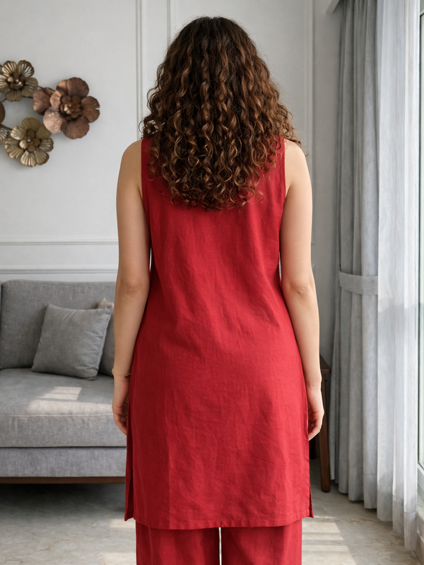 Red Solid Sleeveless Straight Kurta Set 