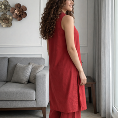 Red Solid Sleeveless Straight Kurta Set 