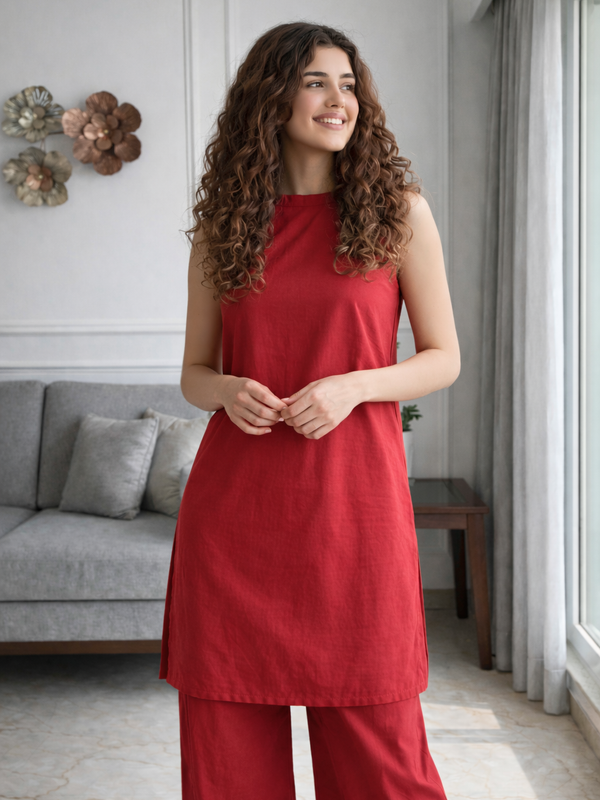 Red Solid Sleeveless Straight Kurta Set Image