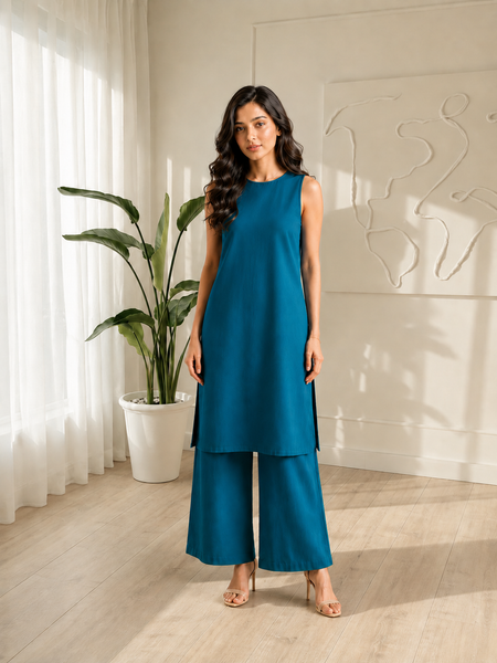 Solid Sleeveless Straight Kurta Set