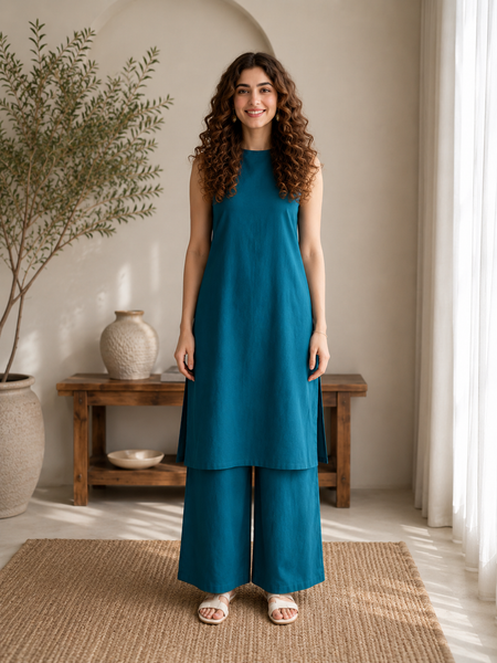 Solid Sleeveless Straight Kurta Set