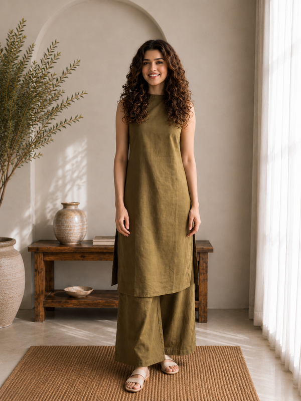 Solid Sleeveless Straight Kurta Set