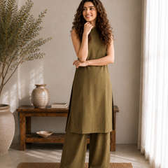 Solid Sleeveless Straight Kurta Set