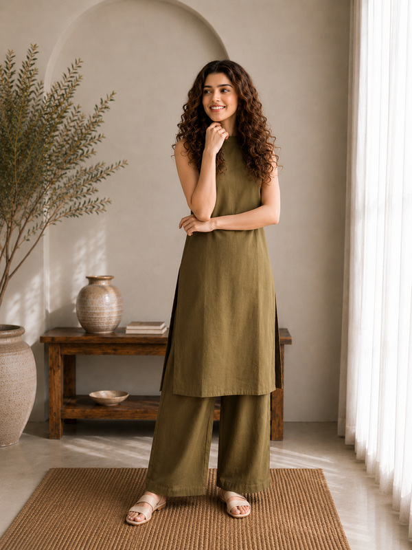 Solid Sleeveless Straight Kurta Set