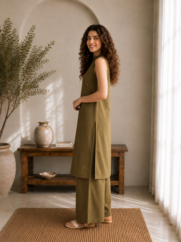 Solid Sleeveless Straight Kurta Set