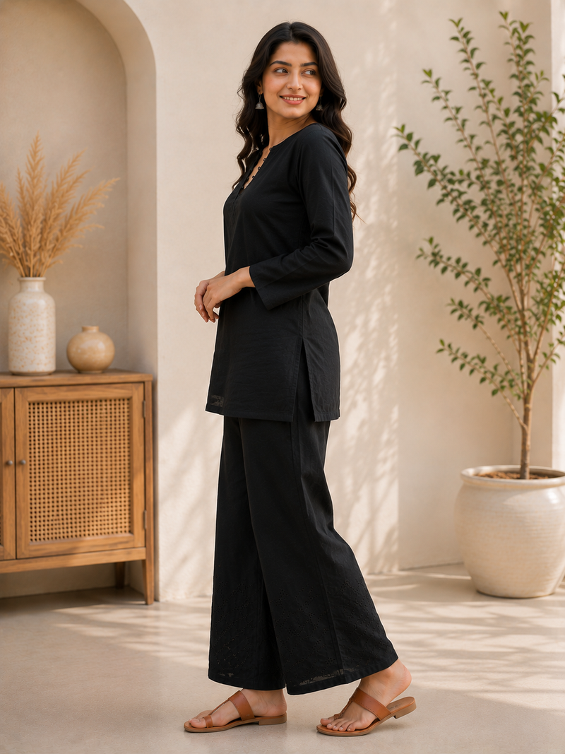 Black Cotton Solid Co Ord Set