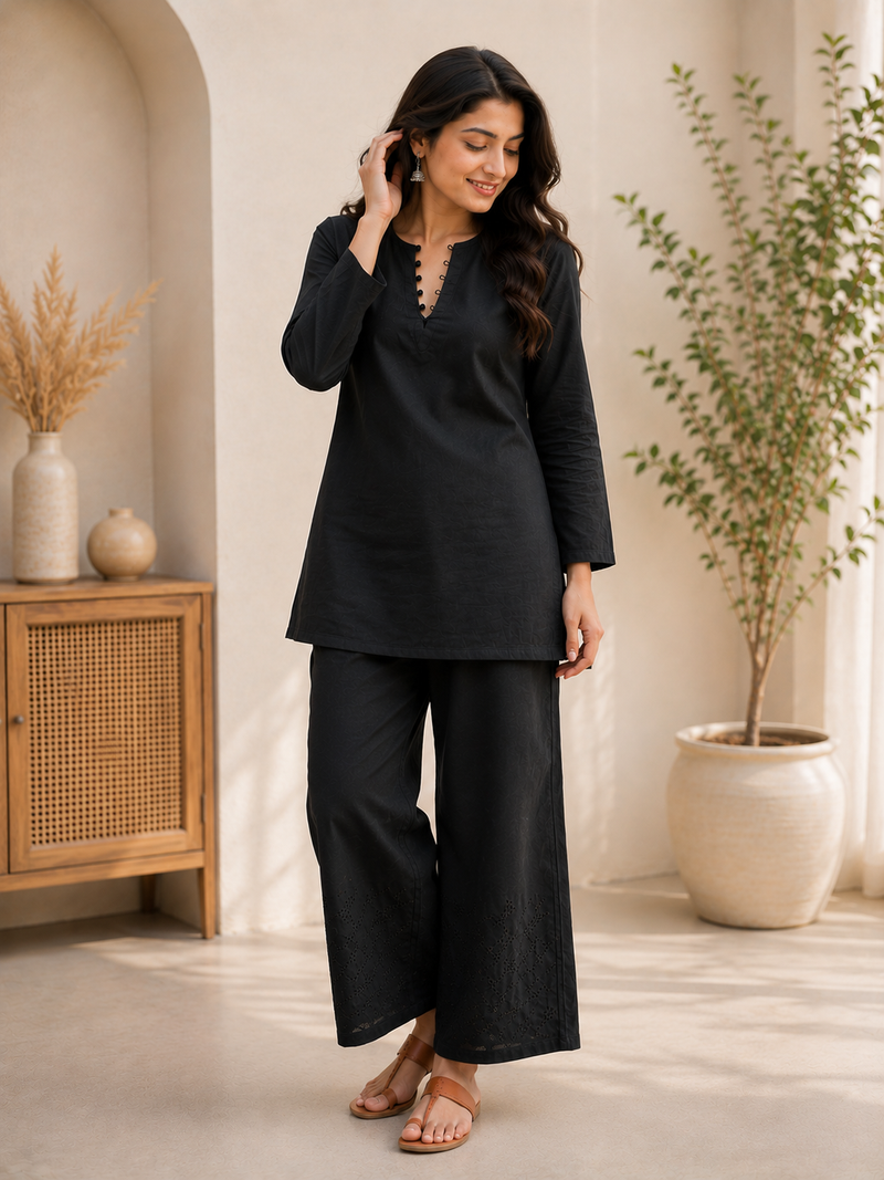 Black Cotton Solid Co Ord Set