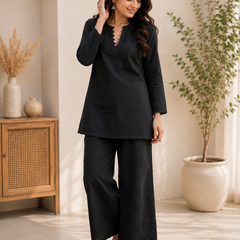 Black Cotton Solid Co Ord Set