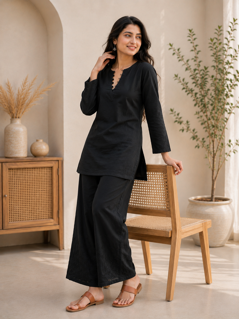 Black Cotton Solid Co Ord Set