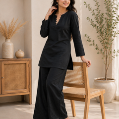 Black Cotton Solid Co Ord Set