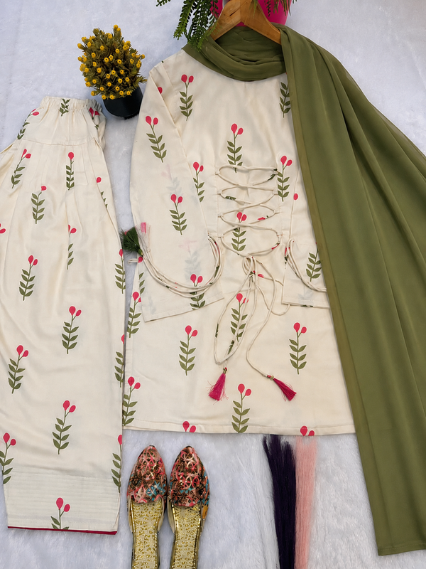 White & Pink Floral Patiala Kurta Set