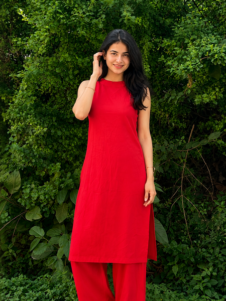 Solid Sleeveless Straight Kurta Set