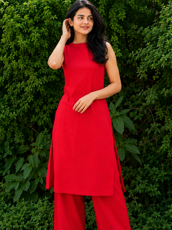 Solid Sleeveless Straight Kurta Set