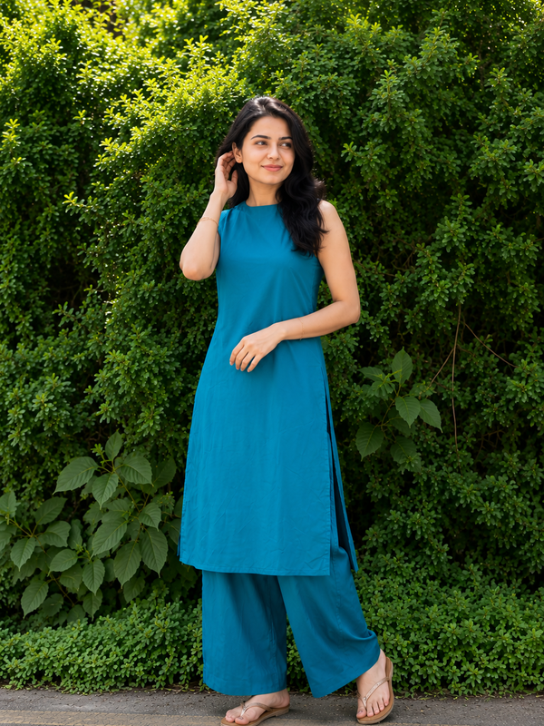 Solid Sleeveless Straight Kurta Set