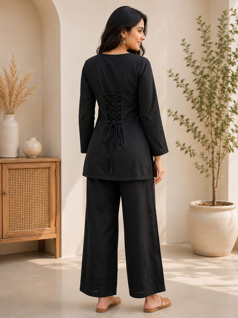 Black Cotton Solid Co Ord Set