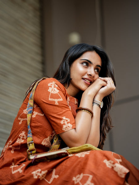 Brown Cotton Printed Suit Set