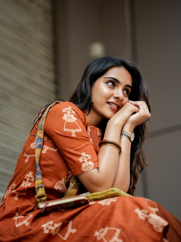 Brown Cotton Printed Suit Set