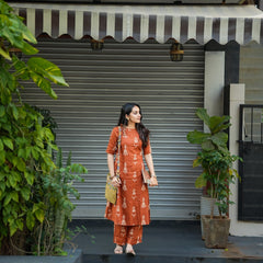 Brown Cotton Printed Suit Set