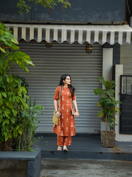 Brown Cotton Printed Suit Set