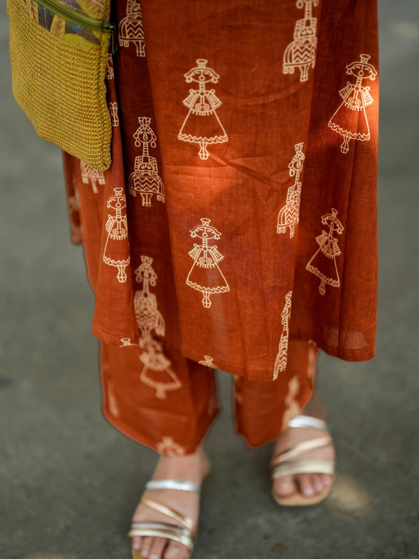 Brown Cotton Printed Suit Set