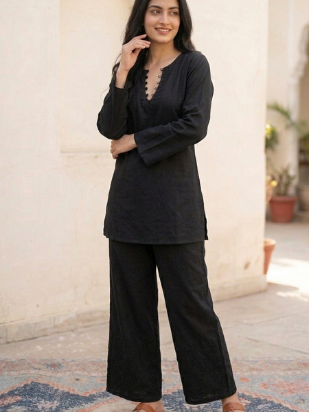 Black Cotton Solid Co Ord Set