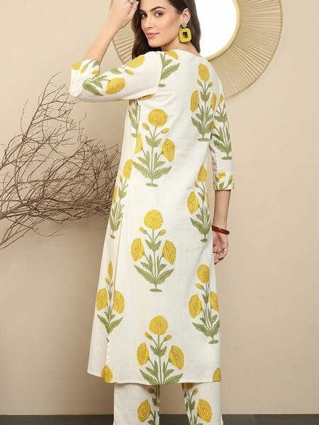 Off White Cotton Printed Suit Set
